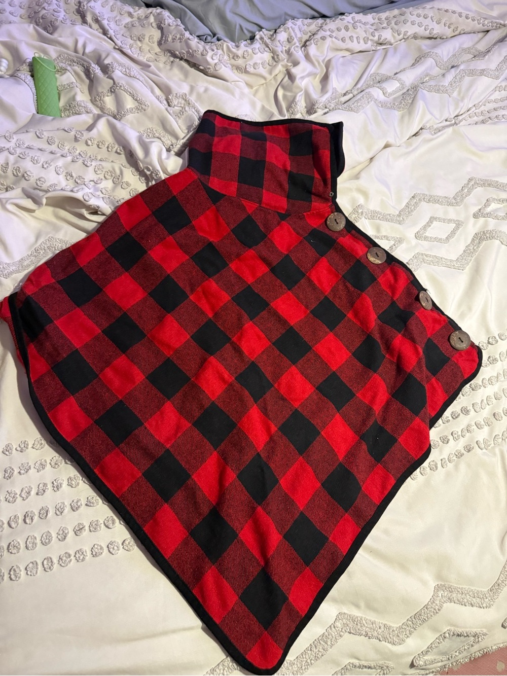 PONCHO- Women’s Red and Black Buffalo Plaid Button-Shoulder Skirt Cover